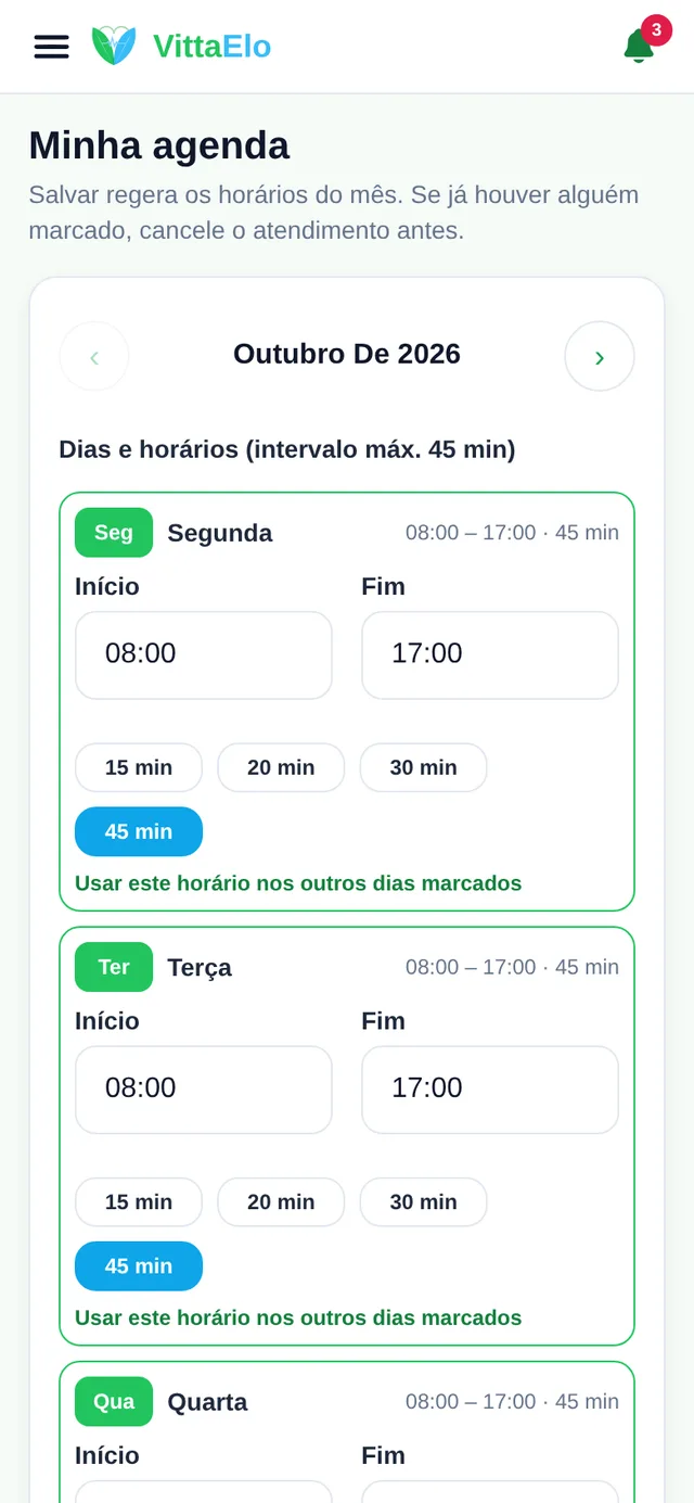 Configuração da agenda do profissional