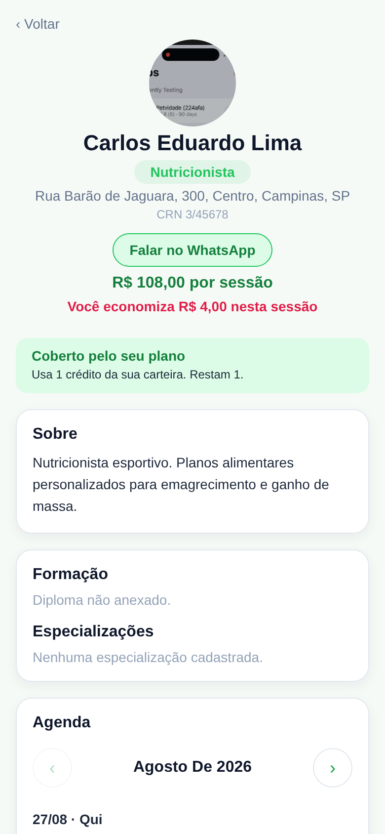 Perfil do profissional com biografia e agenda